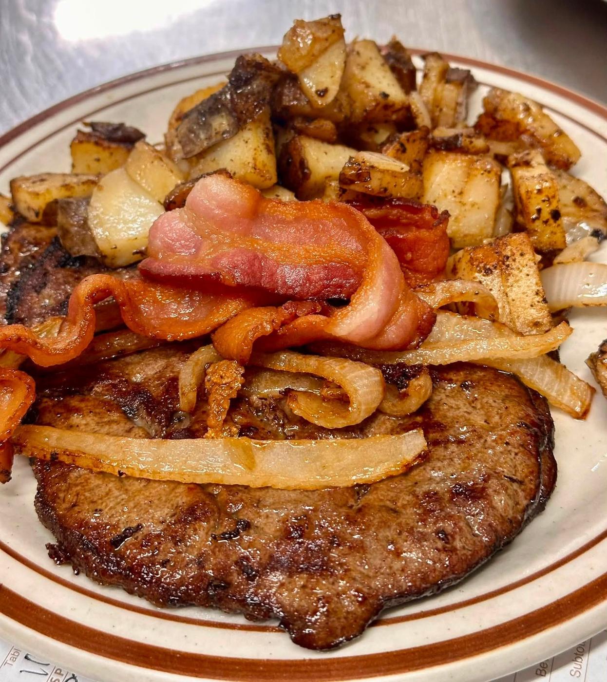 Liver and onions with bacon and German fries